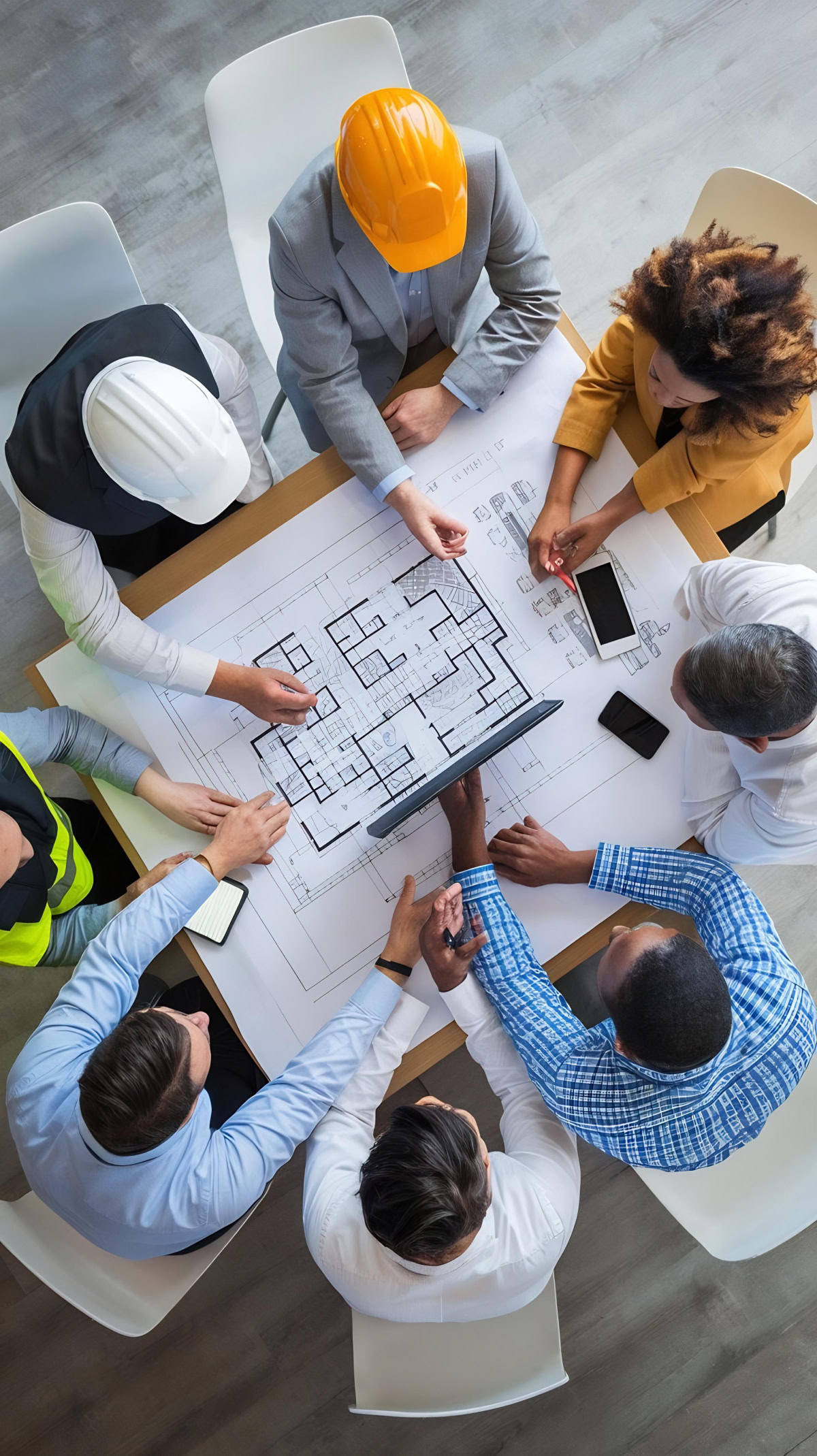 Aerial view of construction meeting